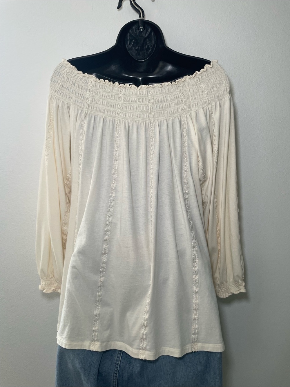 Lauren Ralph Lauren Off Shoulder Top L Cream Smocked Embroidered Boho Cotton - Picture 5 of 8
